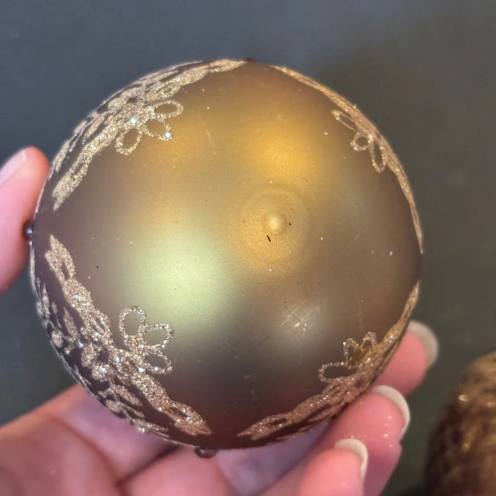 Vintage Glass Ball Ornaments Set 2 Bronze Gold Glitter Filigree